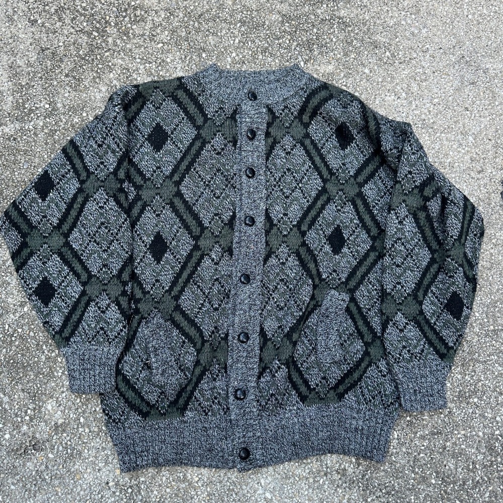 Vtg 80s Made in Italy Men Argyle Diamond Knit Cardigan Sweater Grey Olive Green